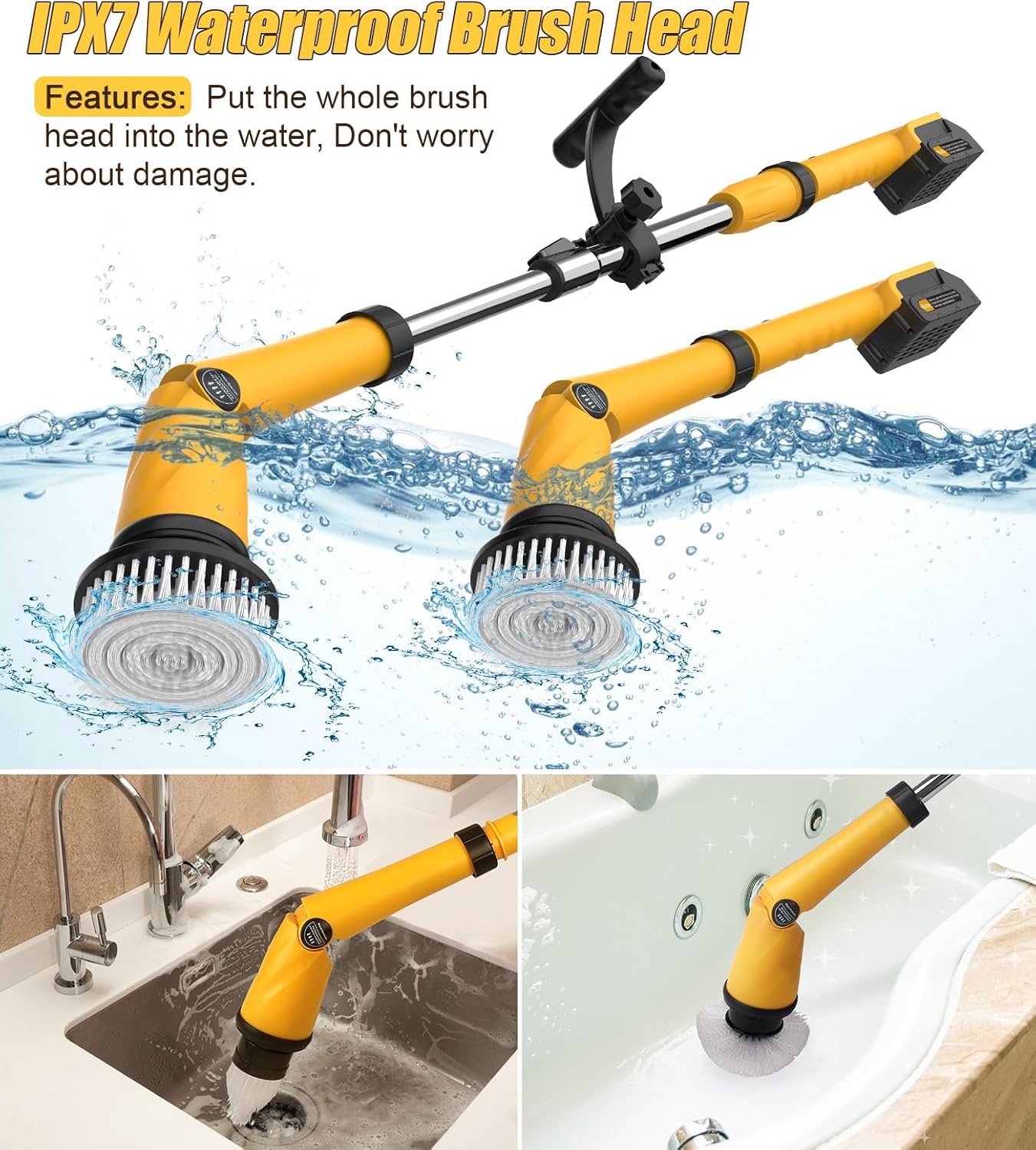 ZYLER Rechargeable Cordless Electric Spin Scrubber - 6000mAh 3.0 Battery (30% More Capacity), 1200RPM IPX7 Durable Device with Smart Display, Effortless Handling, Q3 Extra Large Brush +7 Brushes, 360-Min Runtime for Household Deep Cleaning