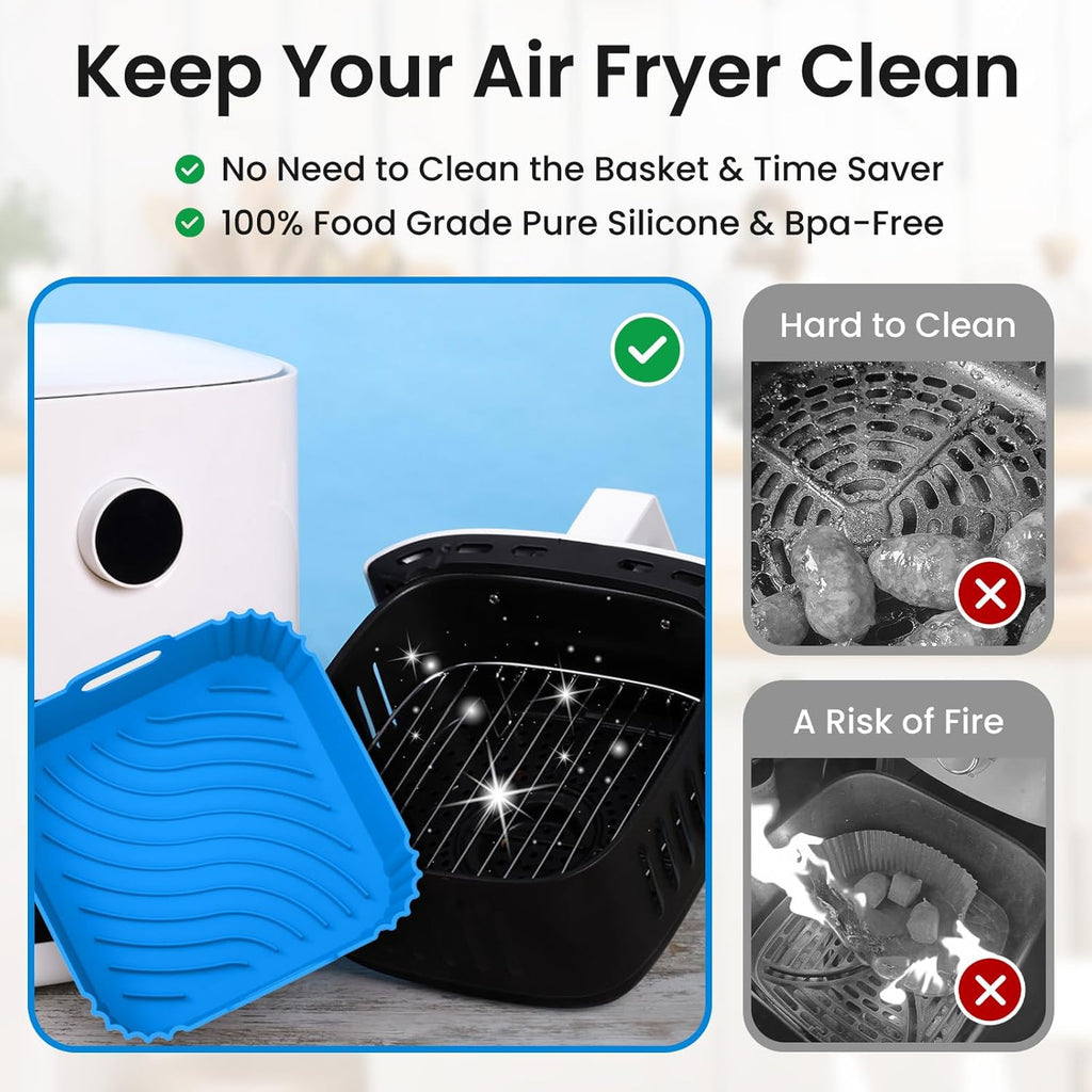 3-Pack Square Silicone Air Fryer Liners - Reusable, Heat-Resistant, Dishwasher-Safe, Easy to Clean, Reheating-Ready - Fits 3-5,4-6,5-9,8-10 QT Air Fryers, Ovens - Kitchen Appliance Parts for Home Cooks, Boosts Cooking Efficiency