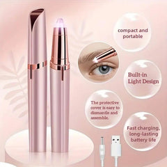 USB-Powered Eyebrow Trimmer for Women – Painless Hair Removal Pen with LED Light, Multi-Functional Facial Shaver for Eyebrows, Nose, Lip & Face, Compact & Sleek Design, Metallic Finish, Beauty Tool for Home, Travel & Grooming