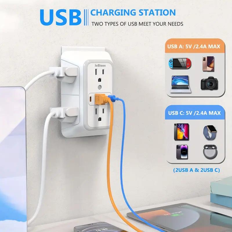 6-Outlet Surge Protector Wall Charger - Rectangular, Multi Plug with 4 USB Ports