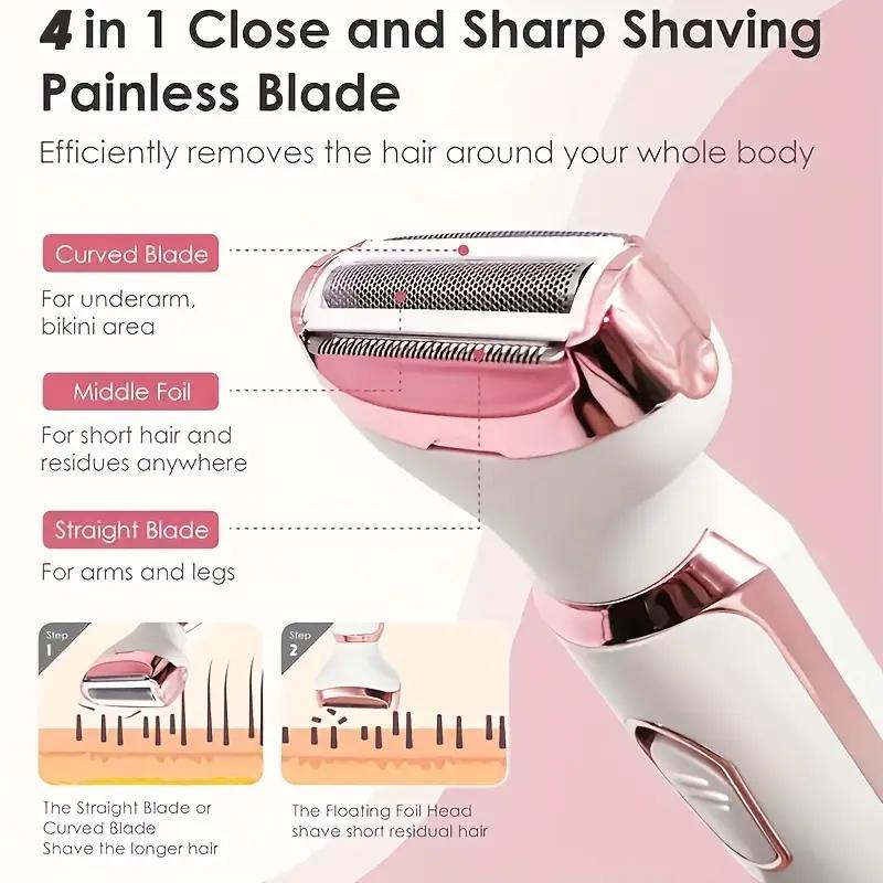 ZYLER 4-in-1 Rechargeable Electric Lady Shaver Razor Trimmer Beauty Kit - Stainless Steel 4-Blade, Waterproof, Portable, Flawless Grooming for Facial, Bikini Areas, Rechargeable Battery, 4 In 1 Trimmer Heads