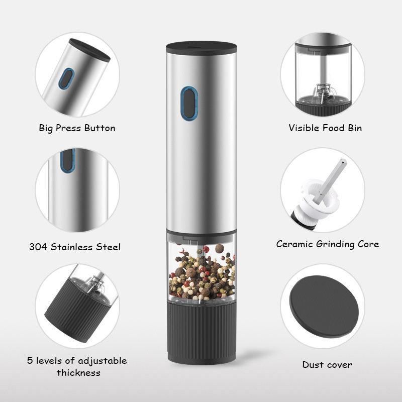 Modern 2-Pc Cordless Gravity Electric Salt & Pepper Grinders Set - Salt and Pepper Shaker, Battery-Operated, Automatic Operation, LED Light, Adjustable Coar., Ceramic Grinder, Large Capacity, 8.78x5.35x2.72 inches Home Kitchen BBQ Utensils, Auto Gri