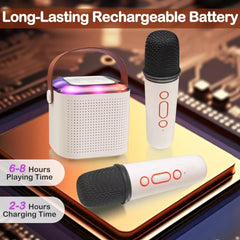 Kids Mini Karaoke Machine With 2 Wireless Microphone Portable Bluetooth Speaker Audio Birthday Charging Rechargeable