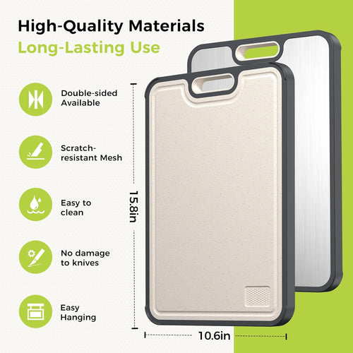 2-in-1 Titanium Cutting Board – Food-Grade Pure Titanium & Wheat Straw PP, Dishwasher Safe, Large 16x11"