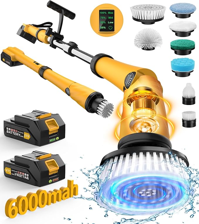 ZYLER Rechargeable Cordless Electric Spin Scrubber - 6000mAh 3.0 Battery (30% More Capacity), 1200RPM IPX7 Durable Device with Smart Display, Effortless Handling, Q3 Extra Large Brush +7 Brushes, 360-Min Runtime for Household Deep Cleaning