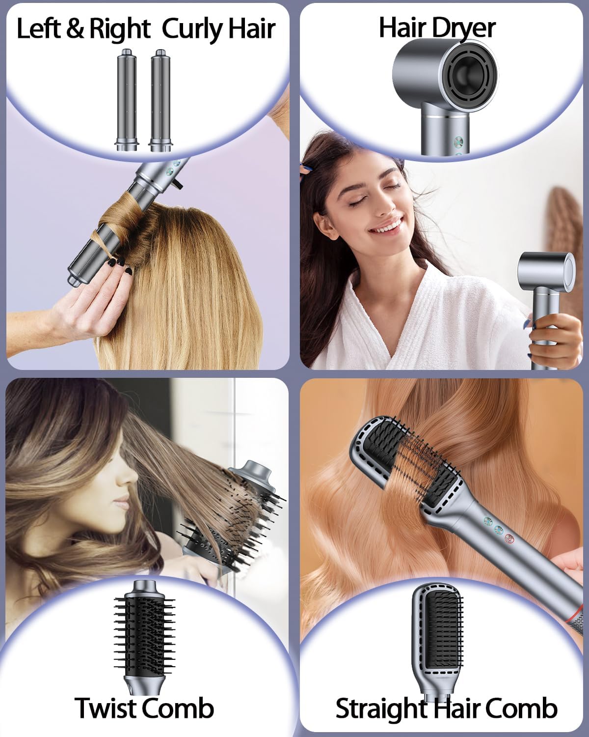 Negative Ionic 5 in 1 Hot Air Brush with 5 Interchangeable Heads, Electric Blow Dryer Brush for Effective Styling and Smooth Finish