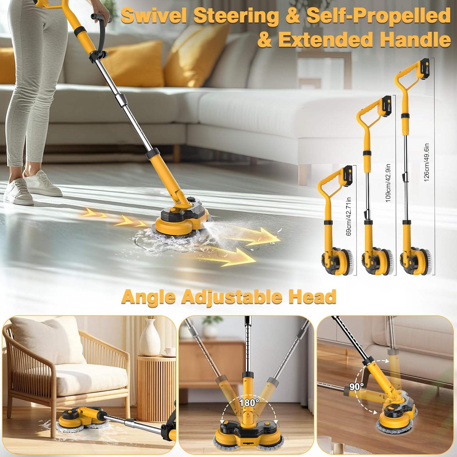 ZYLER 20V Cordless Multifunction Electric Mop, 2-in-1 Spin Mop & Floor Scrubber with LED Light, Water Spray, 800 RPM, Adjustable Handle, Durable Portable Cleaner for Hardwood, Tile, Vinyl (30kg Load Capacity, LED Display)
