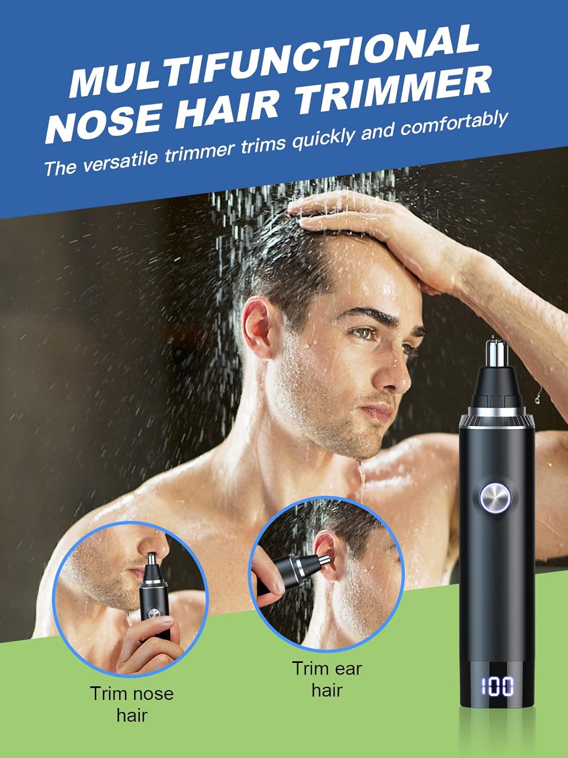 Ear and Nose Hair Trimmer for Men Women with LED Light Digital Display,Painless USB Rechargeable Facial Hair Remover with Powerful Motor and Dual-Edge Blades Easy Cleansing 12000 RPM