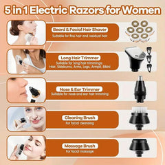 Electric Razors for Women, 5 in 1 Electric Shaver for Women, Cordless Painless Hair Remover for Legs Bikini Face Lips Hairs