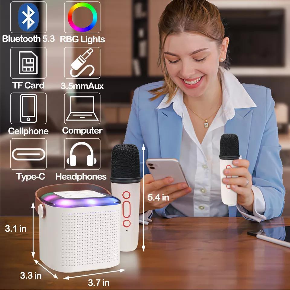 ZYLER Kids Mini Portable 2-Way Karaoke Speaker with Dual Wireless Mics, Bluetooth 5.3, 57mm High-Performance Drivers, RGB LED Lights, Built-in Li-ion Batteries (6-8 Hours), Instant Pairing, AUX-Out Port, TF Card Slot, for Birthday & Girls Christmas Gifts