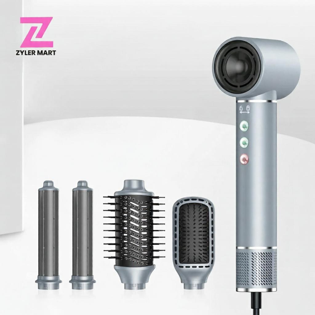 ZYLER 5-in-1 Multi-Styling Hair Brush - 110-220V Plug-Powered ABS Beauty Appliance, Detangling Tool with 4 Interchangeable Attachments for Curling, All Hair Type Styling Needs (for Adults)