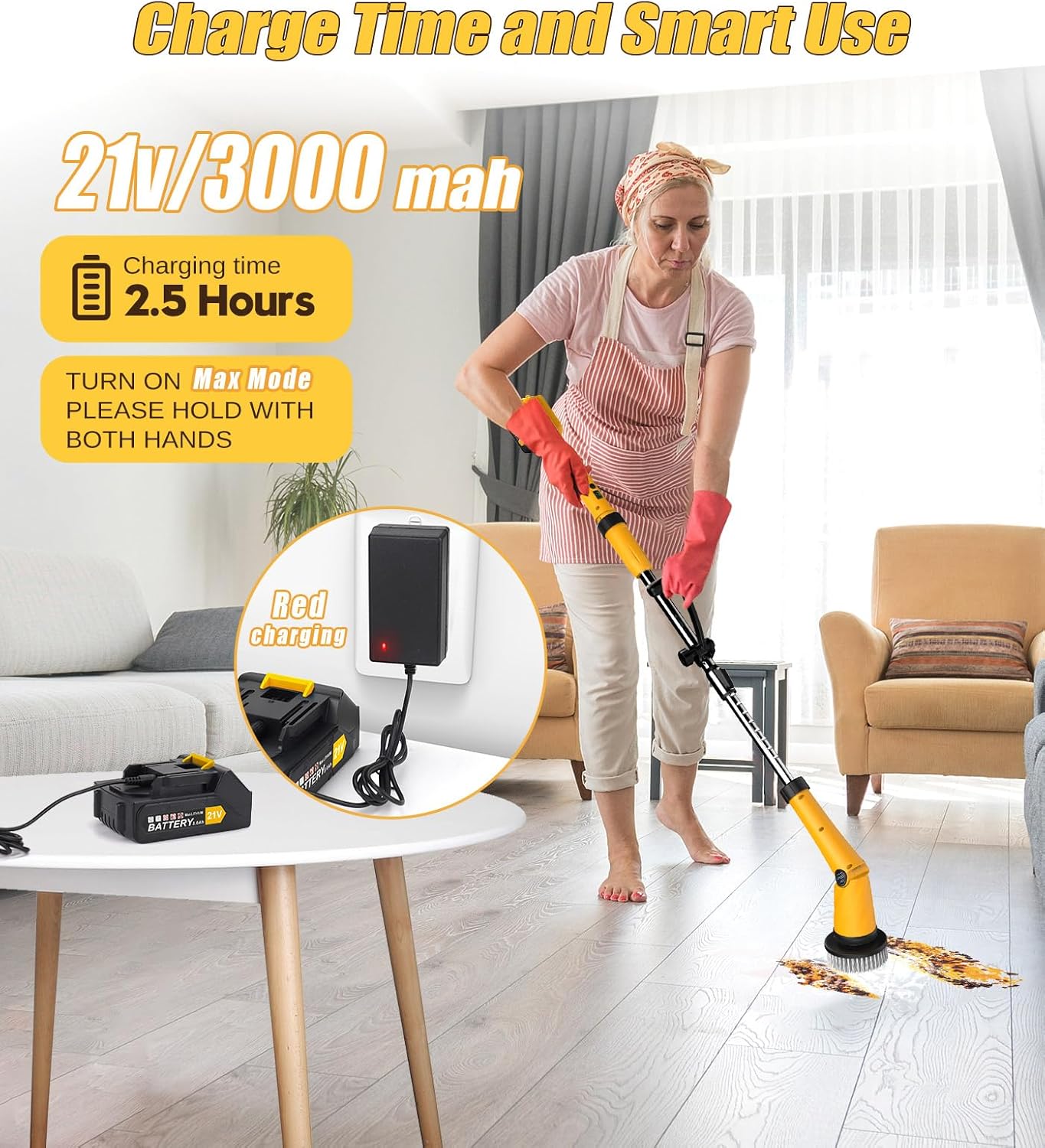 ZYLER Rechargeable Cordless Electric Spin Scrubber - 6000mAh 3.0 Battery (30% More Capacity), 1200RPM IPX7 Durable Device with Smart Display, Effortless Handling, Q3 Extra Large Brush +7 Brushes, 360-Min Runtime for Household Deep Cleaning