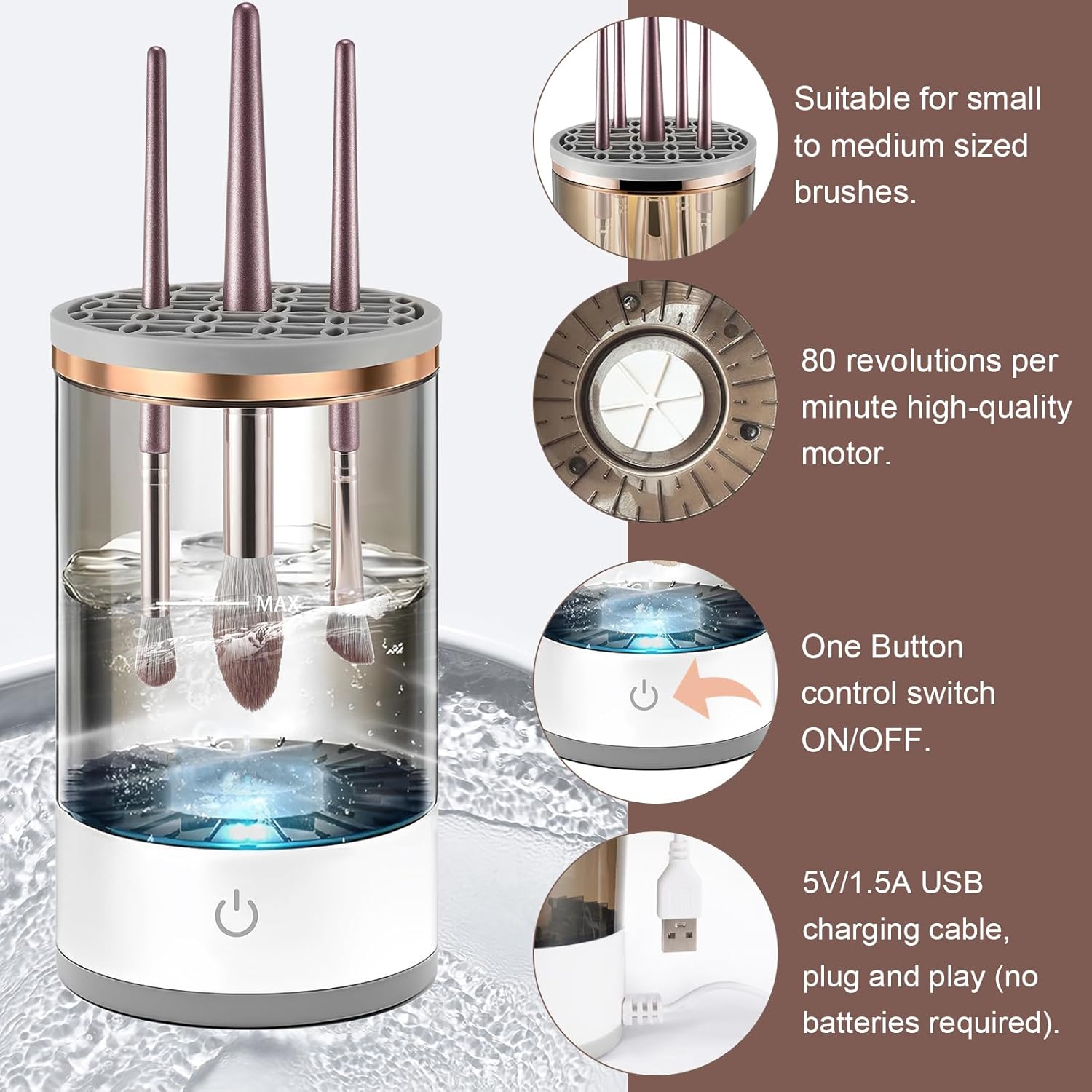 ZYLER Electric Makeup Brush Cleanser & Dryer - Battery-Powered, Deep Cleans All Brushes in Seconds via Dip-Spin Action, Fits All Sizes, Professional Women's Beauty Tool with Glass Bowl, Gift Option, Batteries, Makeup Brush Washer, Brush Cleaning Kit