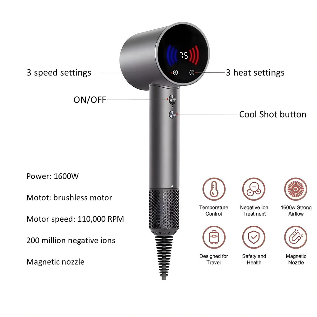 ZYLER Professional High-Speed Corded Plug Hair Dryer with Digital Display, ABS Body, 75 Settings, Detangling Multi-Styling for Curly Hair, 12 x 4.7 x 4.3 inches, Curling, Adjustable Speed, Customization