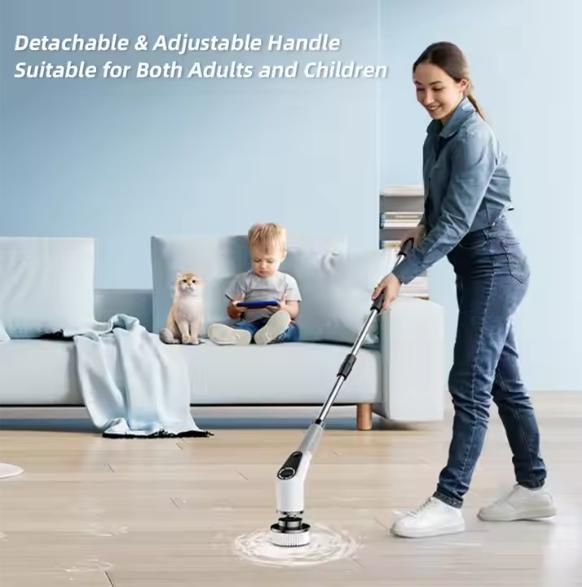 Zyler's Silver Electric Cordless ABS Scrubber Long-Handle Household Kitchen Plastic Floor Cleaning Brush with 7 Attachments & LED Display for Efficient Home Cleaning