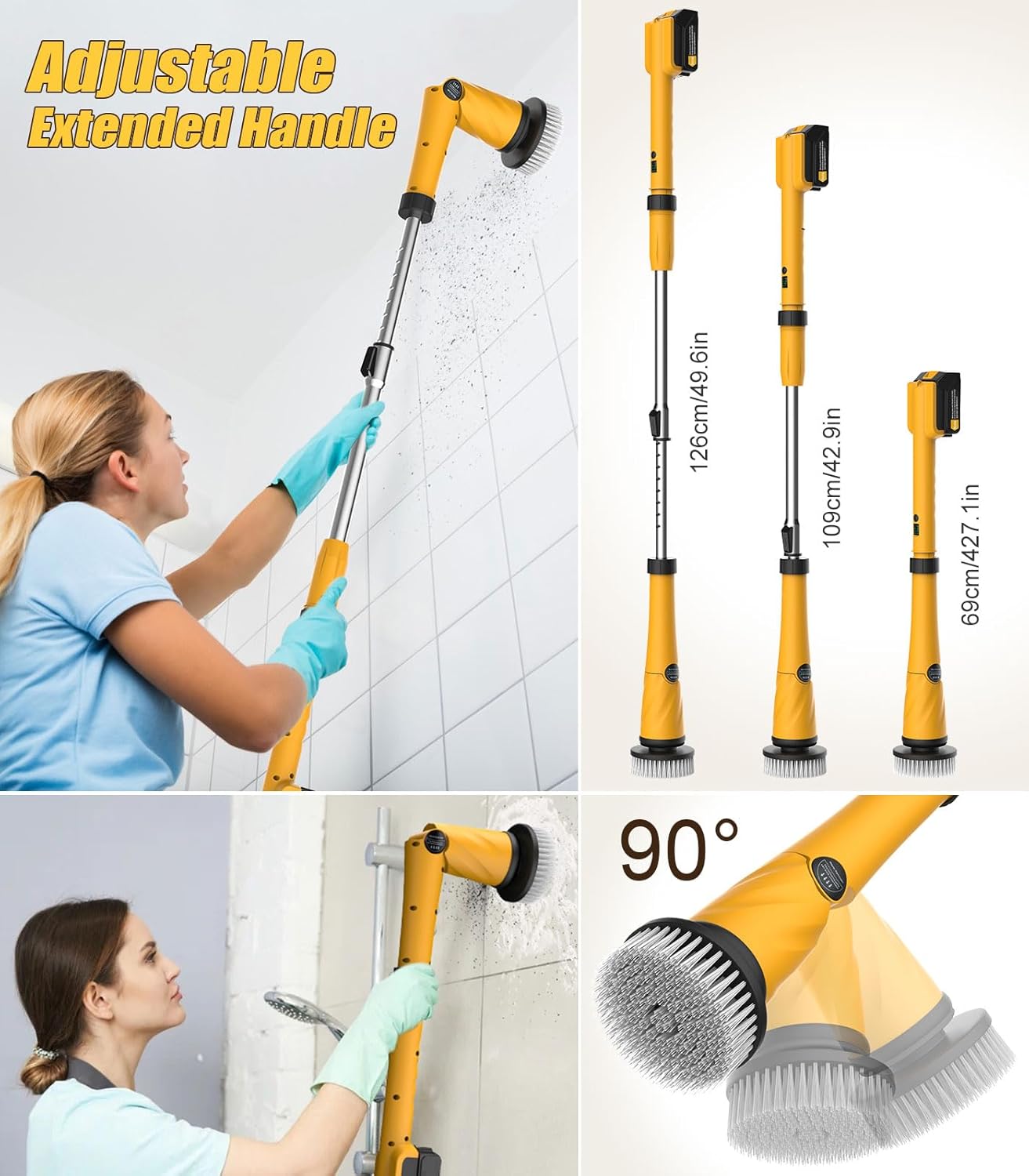 ZYLER Rechargeable Cordless Electric Spin Scrubber - 6000mAh 3.0 Battery (30% More Capacity), 1200RPM IPX7 Durable Device with Smart Display, Effortless Handling, Q3 Extra Large Brush +7 Brushes, 360-Min Runtime for Household Deep Cleaning