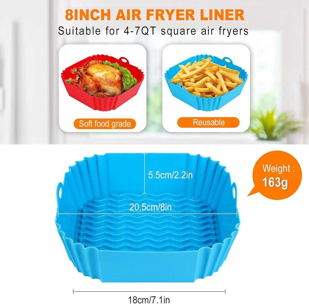 3-Pack Square Silicone Air Fryer Liners - Reusable, Heat-Resistant, Dishwasher-Safe, Easy to Clean, Reheating-Ready - Fits 3-5,4-6,5-9,8-10 QT Air Fryers, Ovens - Kitchen Appliance Parts for Home Cooks, Boosts Cooking Efficiency