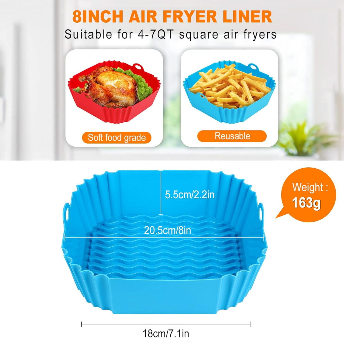 3-Pack Square Silicone Air Fryer Liners - Reusable, Heat-Resistant, Dishwasher-Safe, Easy to Clean, Reheating-Ready - Fits 3-5,4-6,5-9,8-10 QT Air Fryers, Ovens - Kitchen Appliance Parts for Home Cooks, Boosts Cooking Efficiency