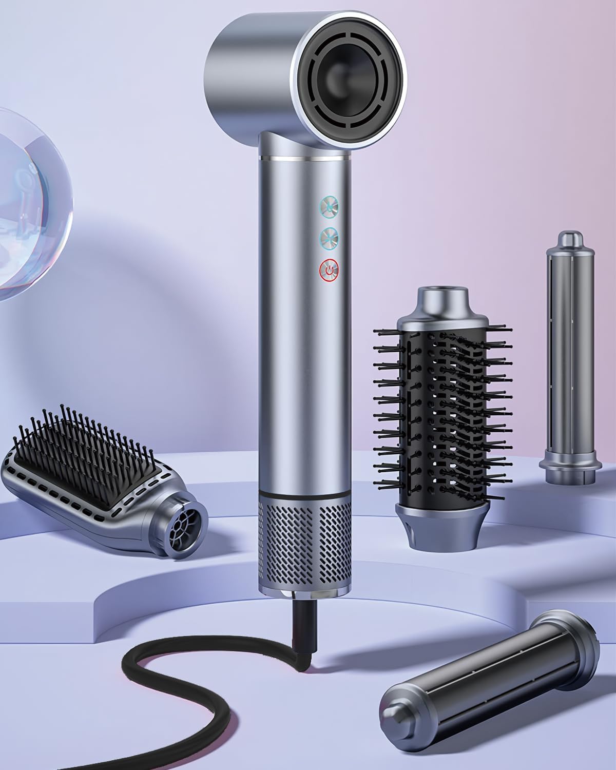 Negative Ionic 5 in 1 Hot Air Brush with 5 Interchangeable Heads, Electric Blow Dryer Brush for Effective Styling and Smooth Finish