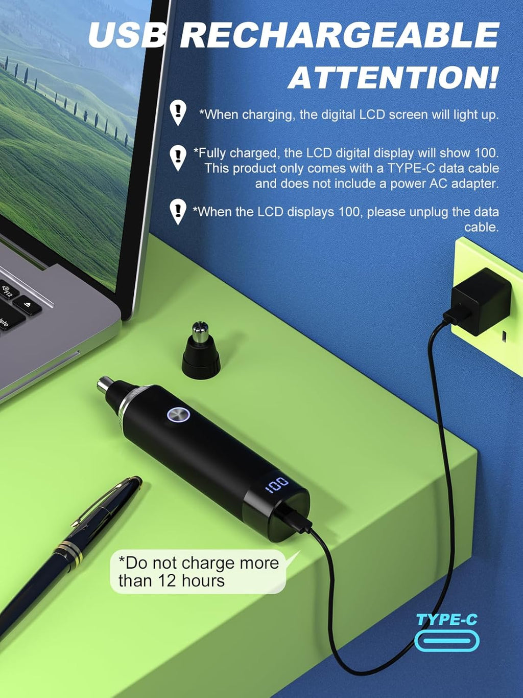 ZYLER Nose and Ear Hair Trimmer Machine, High Quality Trimmer for Painless Grooming with Dual-Edge Blades and 12000 RPM Motor, USB-Chargeable with LED Display, Single Item for Men and Women, Cordless Quiet Trimmer
