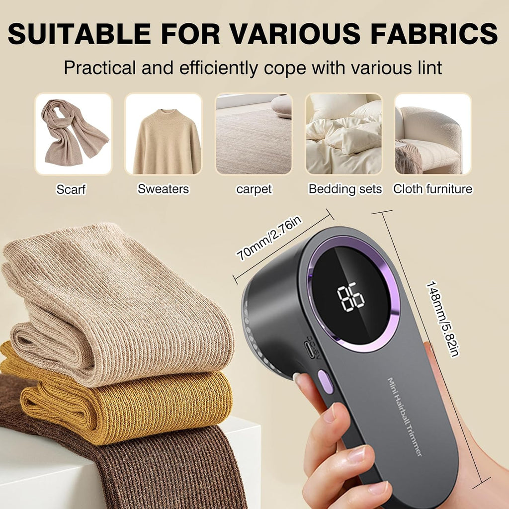 Lint Remover with 6 Leaf and Digital LED Display for Clothes and Blankets - USB-C Charging and Safety Lock Mechanism
