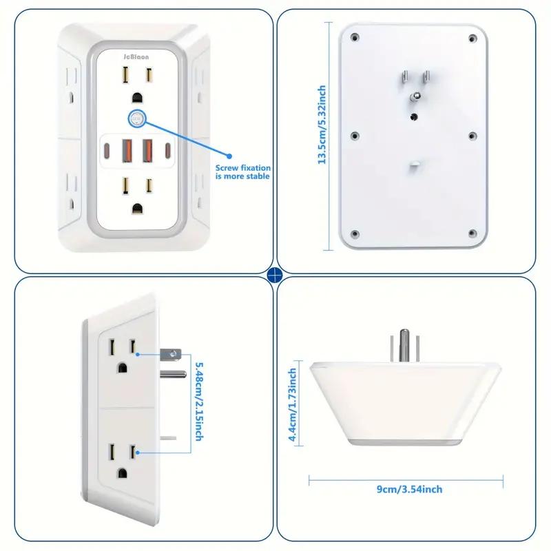 6-Outlet Surge Protector Wall Charger - Rectangular, Multi Plug with 4 USB Ports, Installable, Powered by Electricity, 110V-130V, US Standard Plug, for Home/Office/Travel, Industrial Electrical