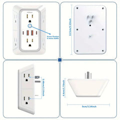 6-Outlet Surge Protector Wall Charger - Rectangular, Multi Plug with 4 USB Ports, Installable, Powered by Electricity, 110V-130V, US Standard Plug, for Home/Office/Travel, Industrial Electrical