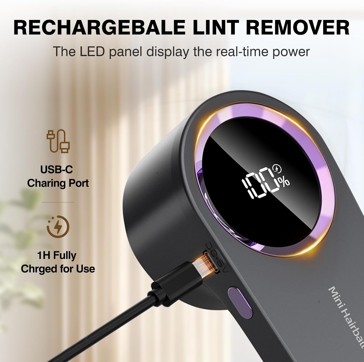 Lint Remover with 6 Leaf and Digital LED Display for Clothes and Blankets - USB-C Charging and Safety Lock Mechanism