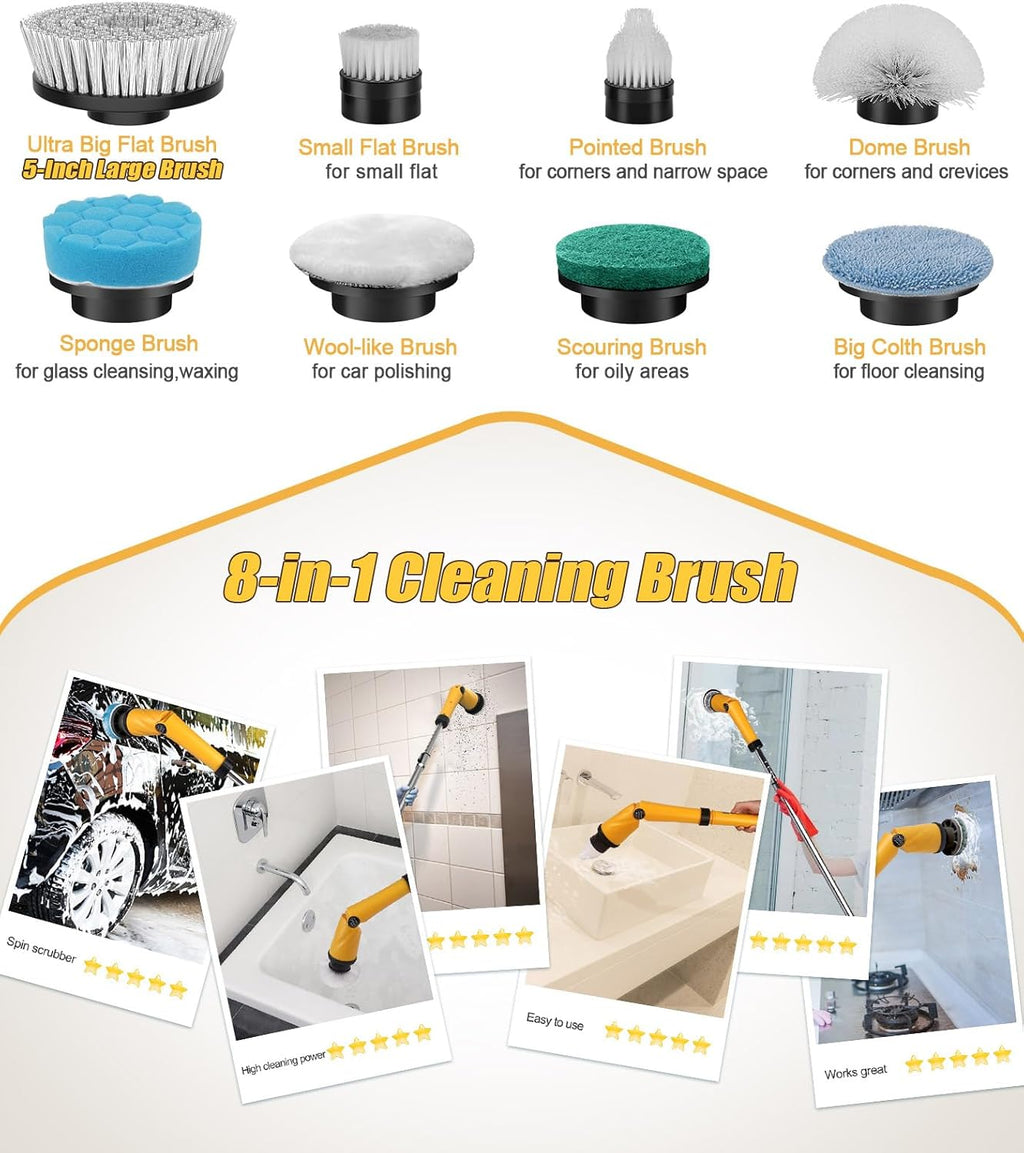 ZYLER Rechargeable Cordless Electric Spin Scrubber - 6000mAh 3.0 Battery (30% More Capacity), 1200RPM IPX7 Durable Device with Smart Display, Effortless Handling, Q3 Extra Large Brush +7 Brushes, 360-Min Runtime for Household Deep Cleaning