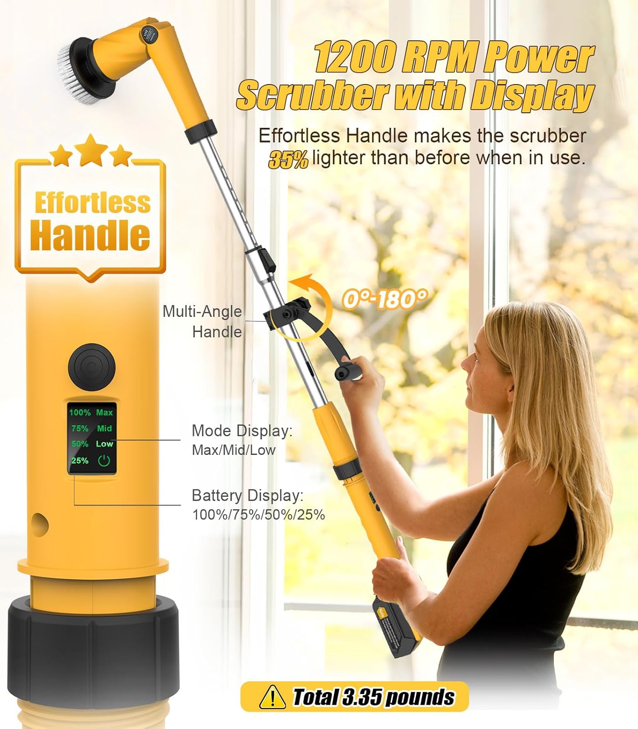 ZYLER Rechargeable Cordless Electric Spin Scrubber - 6000mAh 3.0 Battery (30% More Capacity), 1200RPM IPX7 Durable Device with Smart Display, Effortless Handling, Q3 Extra Large Brush +7 Brushes, 360-Min Runtime for Household Deep Cleaning