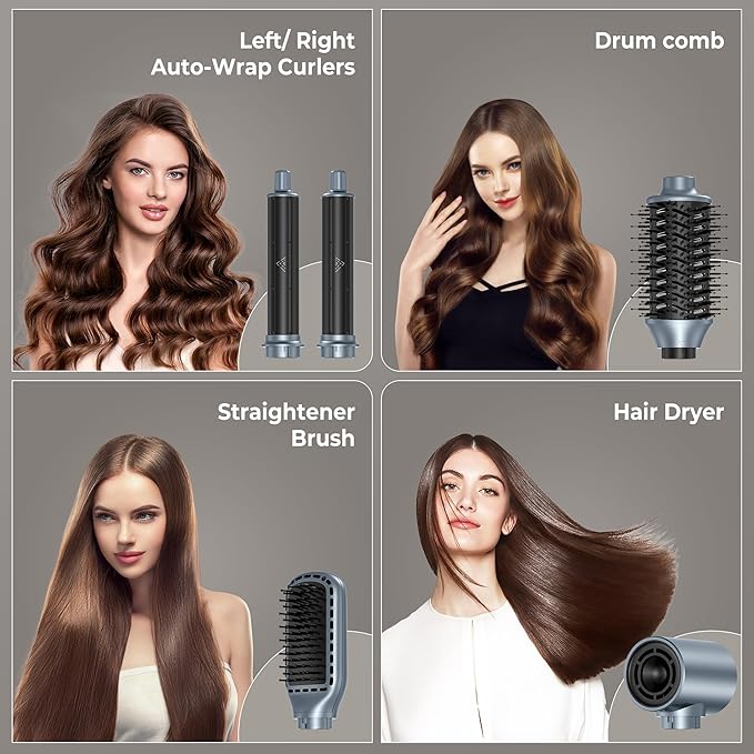 ZYLER 5-in-1 Multi-Styling Hair Brush - 110-220V Plug-Powered ABS Beauty Appliance, Detangling Tool with 4 Interchangeable Attachments for Curling, All Hair Type Styling Needs (for Adults)