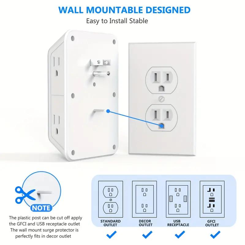 6-Outlet Surge Protector Wall Charger - Rectangular, Multi Plug with 4 USB Ports