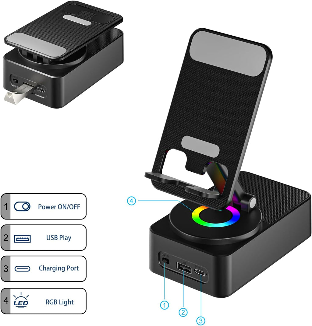 Cell Phone Stand with Wireless Bluetooth Speaker, LED, Anti-Slip Base HD Surround Sound,Perfect for Home/Outdoor with Bluetooth Speaker for Desk Compatible with iPhone/ipad/Android,Gifts for Men Women Adjustable Anniversary Birthday Christmas, Accessories