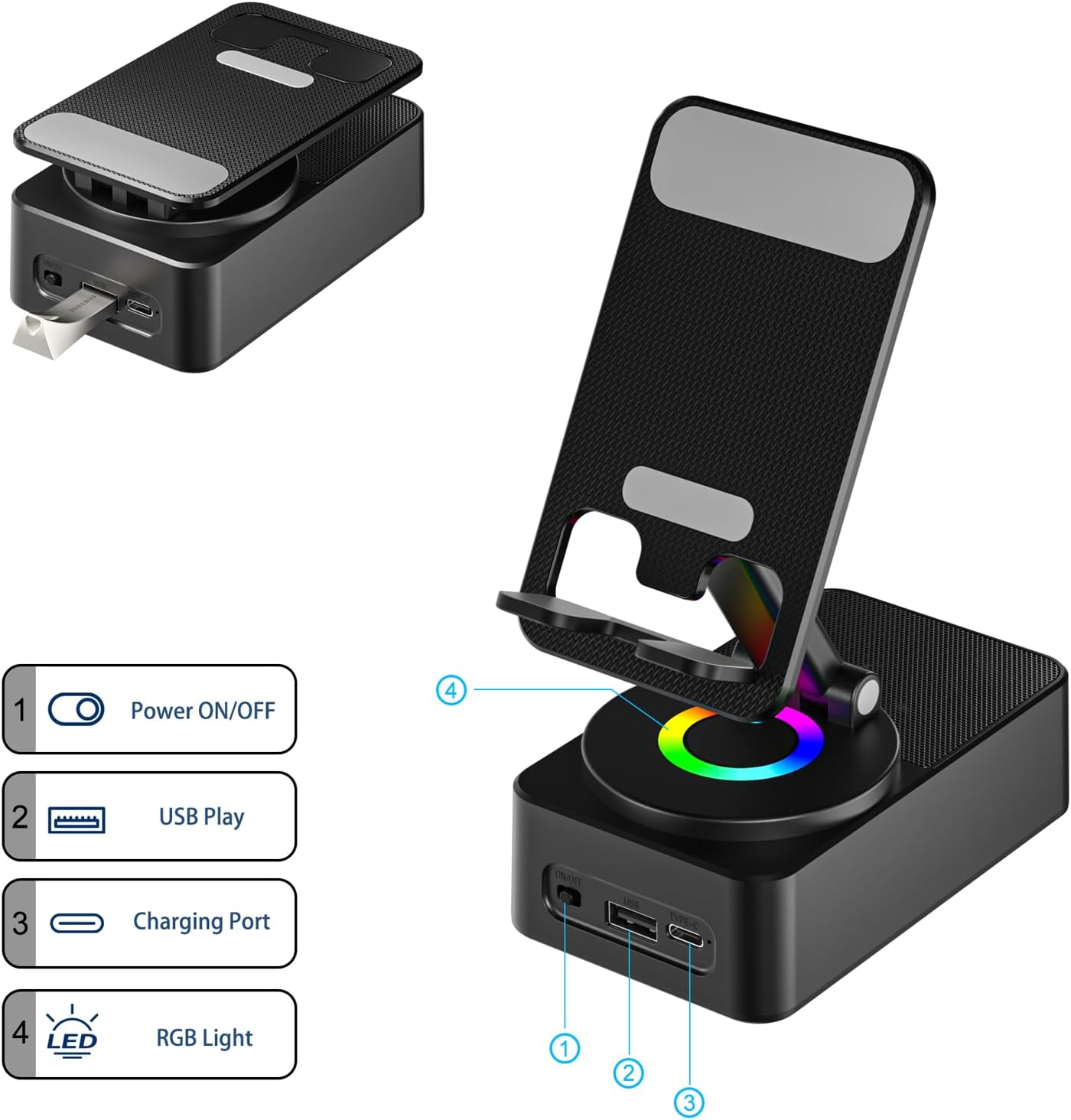 Cell Phone Stand with Wireless Bluetooth Speaker, LED, Anti-Slip Base HD Surround Sound,Perfect for Home/Outdoor with Bluetooth Speaker for Desk Compatible with iPhone/ipad/Android,Gifts for Men Women Adjustable Anniversary Birthday Christmas, Accessories