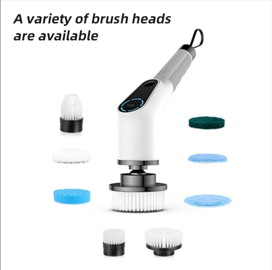 Zyler's Silver Electric Cordless ABS Scrubber Long-Handle Household Kitchen Plastic Floor Cleaning Brush with 7 Attachments & LED Display for Efficient Home Cleaning