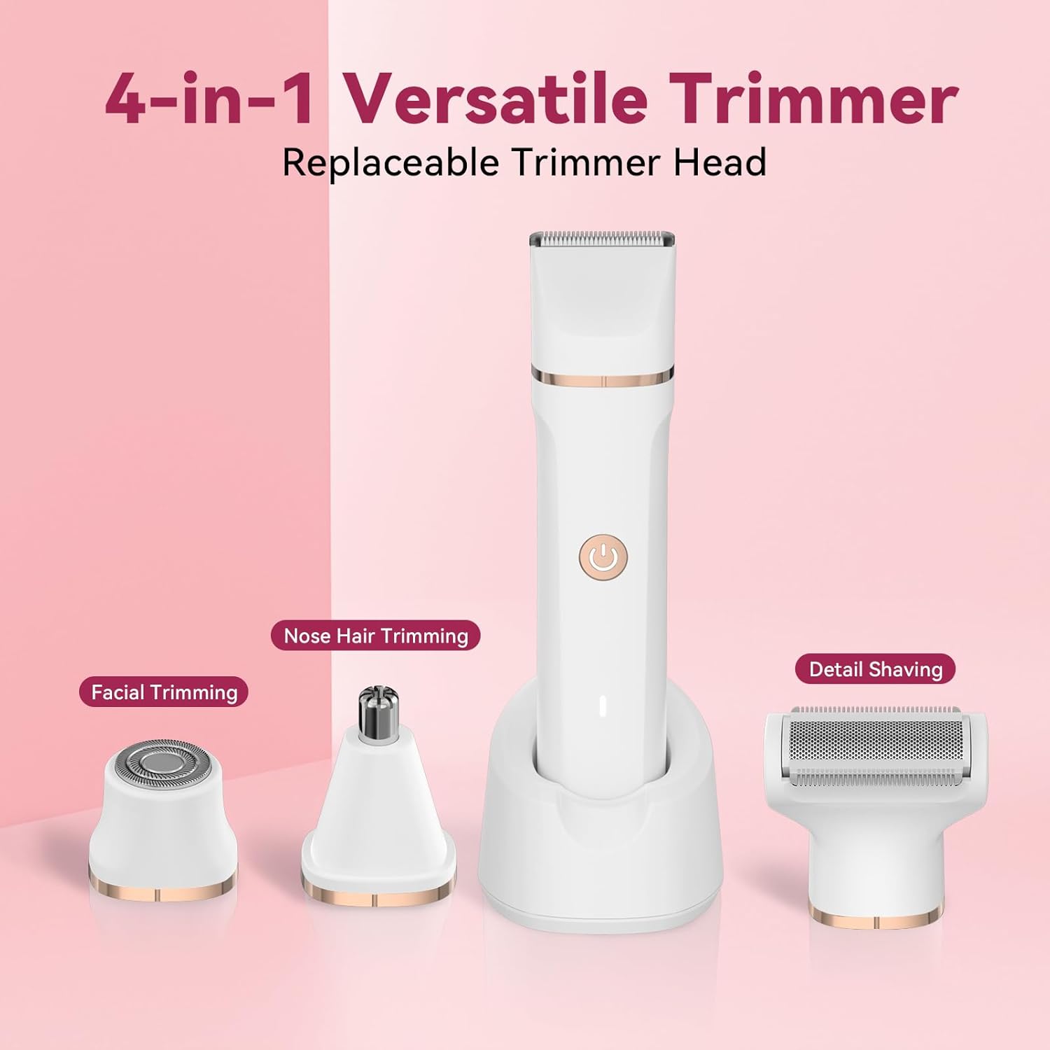 Electric Bikini Trimmer for Women - 4 in 1 Electric Shaver for Women, Waterproof Pubic Hair Trimmer and Facial Hair Remover, Replaceable Razors & Nose Hair Trimmer, Rechargeable Women's Grooming Kit