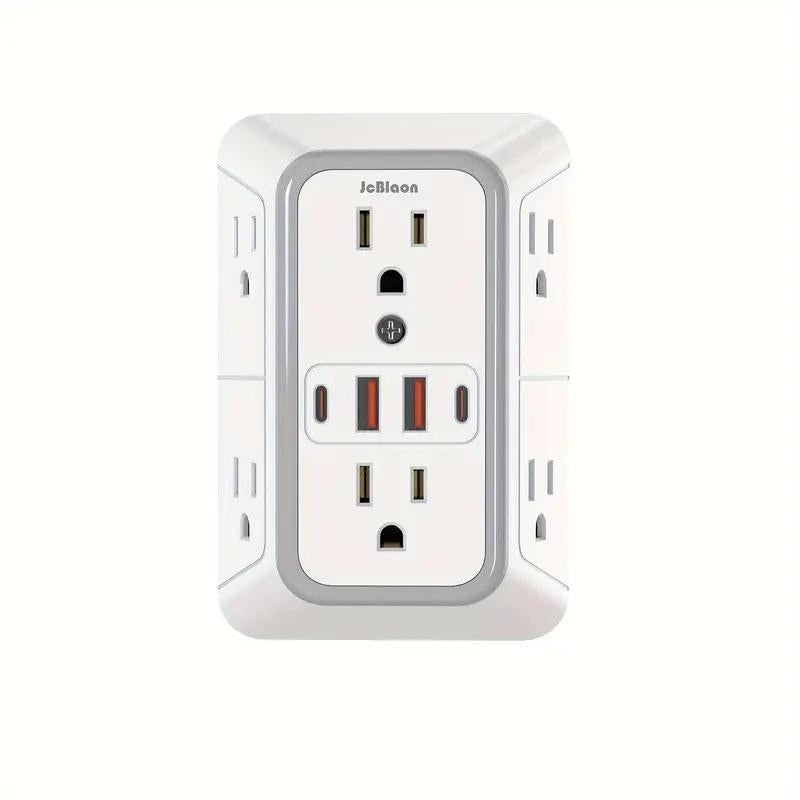 6-Outlet Surge Protector Wall Charger - Rectangular, Multi Plug with 4 USB Ports