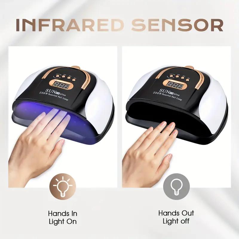 256W High-Power UV LED Nail Lamp with 4 Timer Settings, Automatic Sensor & Smart Display - Fast Gel Polish Curing, Purple & Black Design, Ergonomic Handle for Professional Manicures