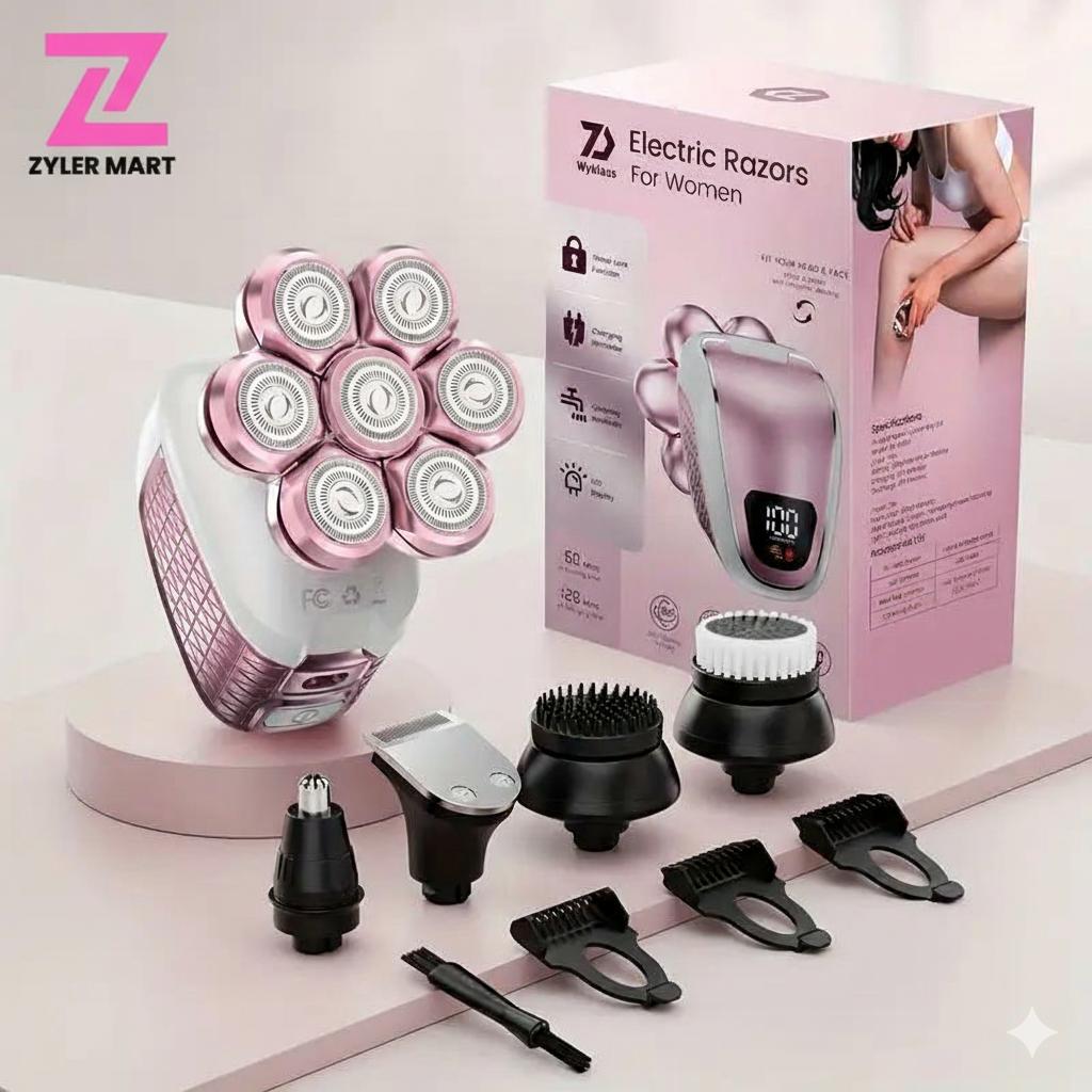 ZYLER 5-in-1 Electric Shaver for Women, Painless Grooming Kit with Head Shaver & Body Trimmer, Rechargeable Battery for Wet & Dry Use on Sensitive Skin, Cordless Waterproof Shaver, Painless Precision Shaver
