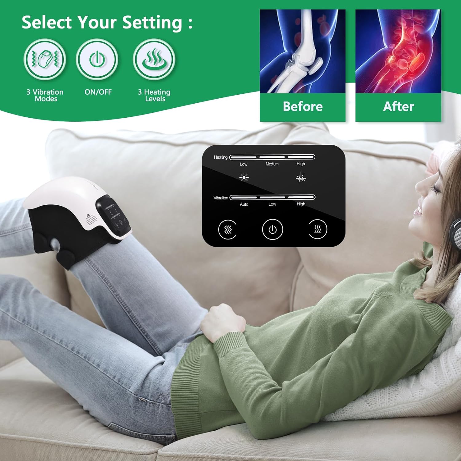 Knee Massager,Cordless Knee Massager with Heat, Relax, Heating Pad, Knee Massage Helps Joint Stiff and Discomfort,3 Levels Heat & Vibration,10 Min Auto Off, LED Touch, Long Knee Straps 18.9 in, Adjustable Brace, Portable Relaxation. Gift