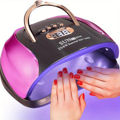 256W High-Power UV LED Nail Lamp with 4 Timer Settings, Automatic Sensor & Smart Display - Fast Gel Polish Curing, Purple & Black Design, Ergonomic Handle for Professional Manicures