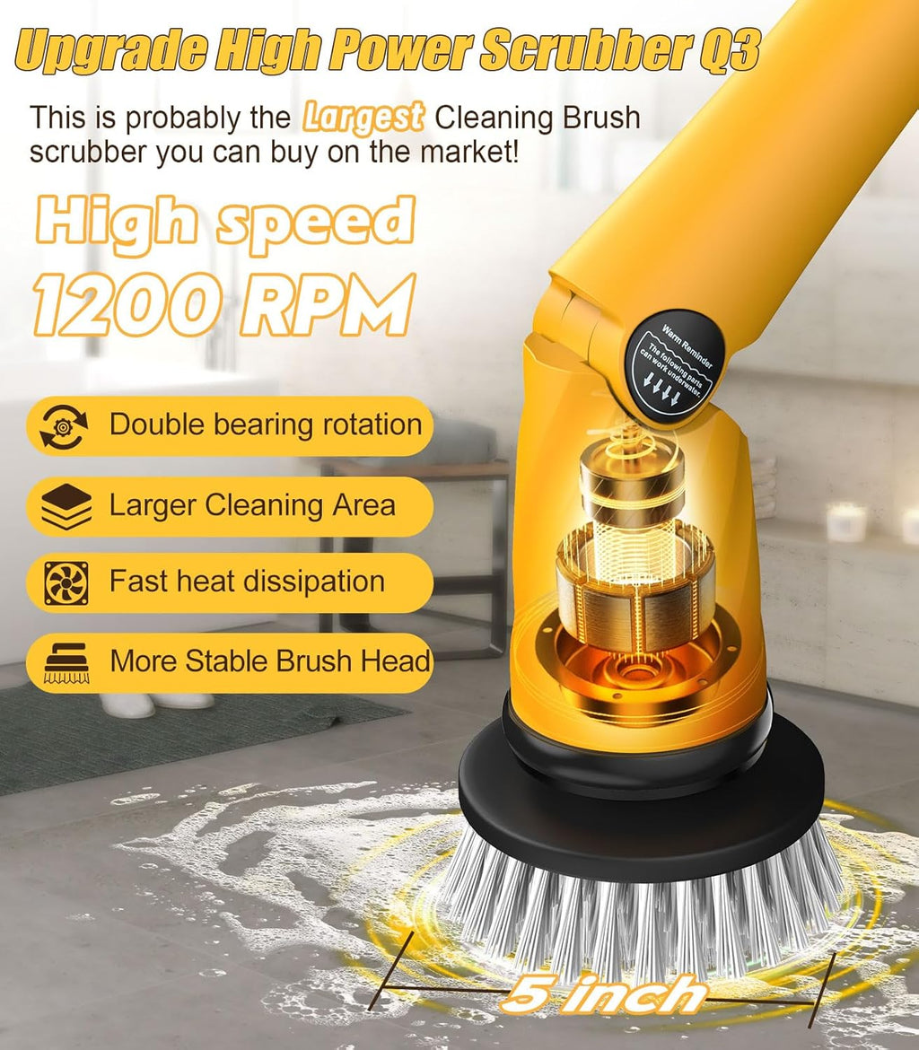 ZYLER Rechargeable Cordless Electric Spin Scrubber - 6000mAh 3.0 Battery (30% More Capacity), 1200RPM IPX7 Durable Device with Smart Display, Effortless Handling, Q3 Extra Large Brush +7 Brushes, 360-Min Runtime for Household Deep Cleaning