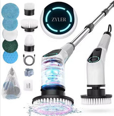 Zyler's Silver Electric Cordless ABS Scrubber Long-Handle Household Kitchen Plastic Floor Cleaning Brush with 7 Attachments & LED Display for Efficient Home Cleaning