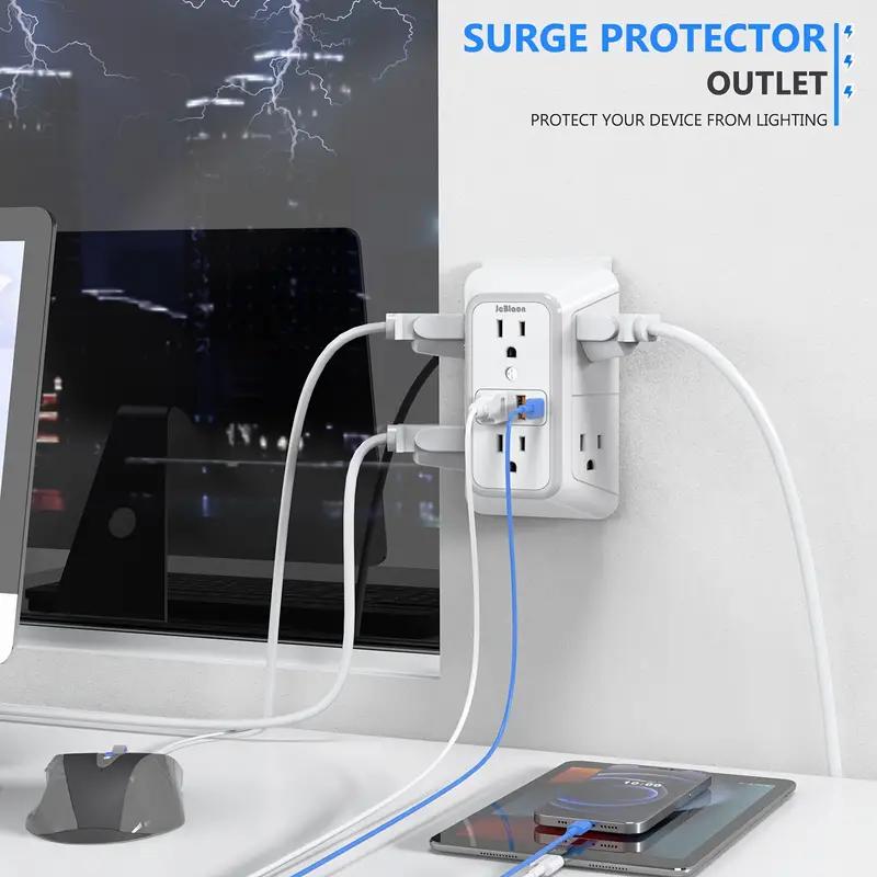 6-Outlet Surge Protector Wall Charger - Rectangular, Multi Plug with 4 USB Ports, Installable, Powered by Electricity, 110V-130V, US Standard Plug, for Home/Office/Travel, Industrial Electrical