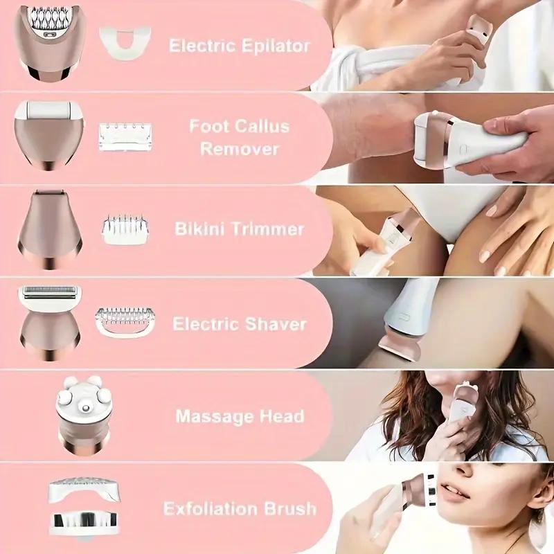 6-in-1 Electric Epilator & Lady Shaver – Wet & Dry Hair Removal for Legs, Underarms, Face & Bikini Line | LED Light, Gentle & Painless – Perfect for Smooth Skin Anywhere!