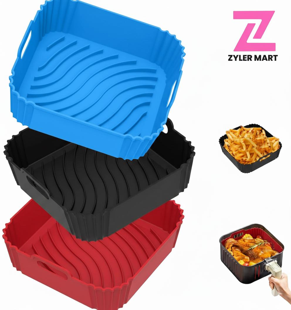 3-Pack Square Silicone Air Fryer Liners - Reusable, Heat-Resistant, Dishwasher-Safe, Easy to Clean, Reheating-Ready - Fits 3-5,4-6,5-9,8-10 QT Air Fryers, Ovens - Kitchen Appliance Parts for Home Cooks, Boosts Cooking Efficiency