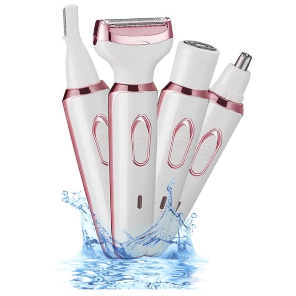 ZYLER 4-in-1 Rechargeable Electric Lady Shaver Razor Trimmer Beauty Kit - Stainless Steel 4-Blade, Waterproof, Portable, Flawless Grooming for Facial, Bikini Areas, Rechargeable Battery, 4 In 1 Trimmer Heads