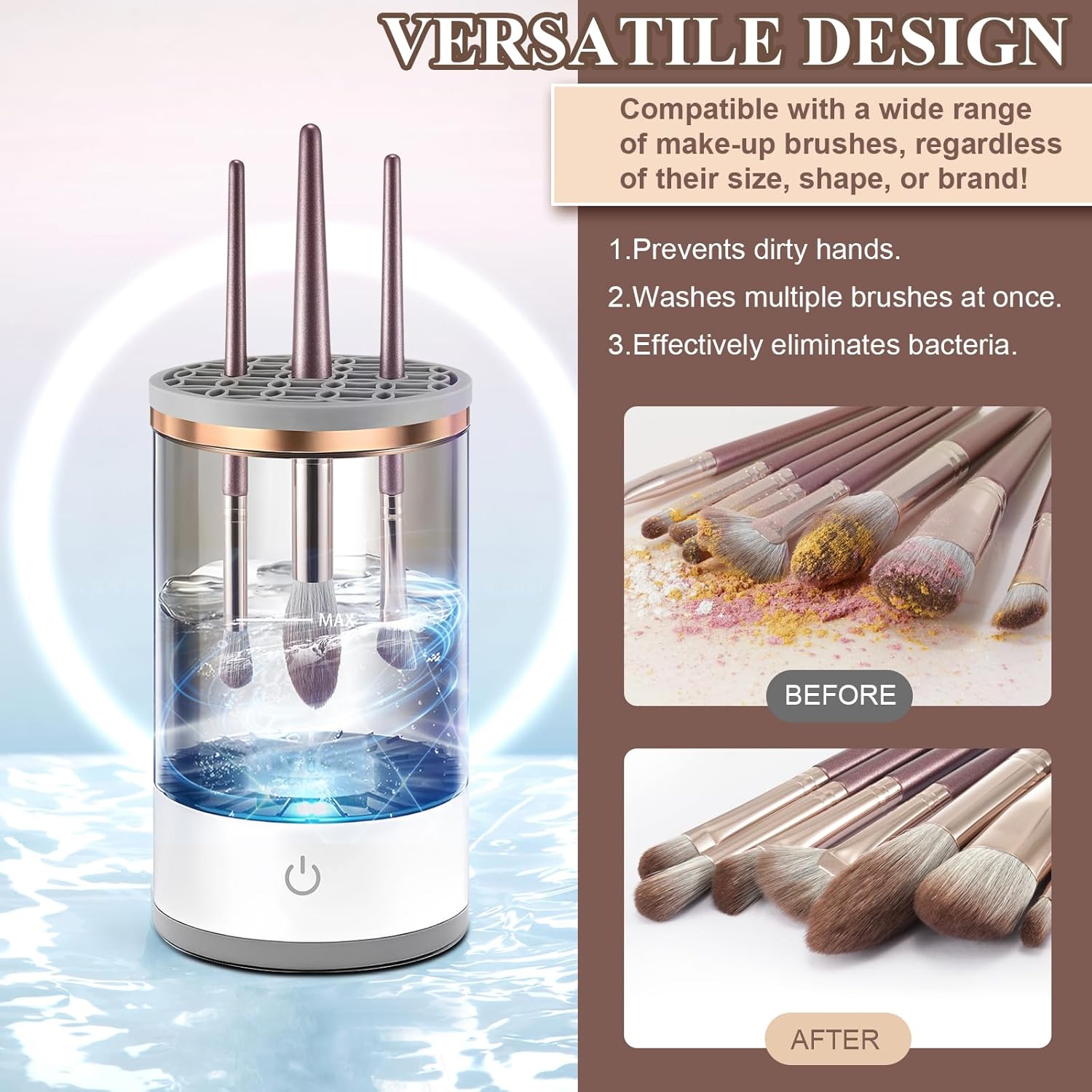 ZYLER Electric Makeup Brush Cleanser & Dryer - Battery-Powered, Deep Cleans All Brushes in Seconds via Dip-Spin Action, Fits All Sizes, Professional Women's Beauty Tool with Glass Bowl, Gift Option, Batteries, Makeup Brush Washer, Brush Cleaning Kit
