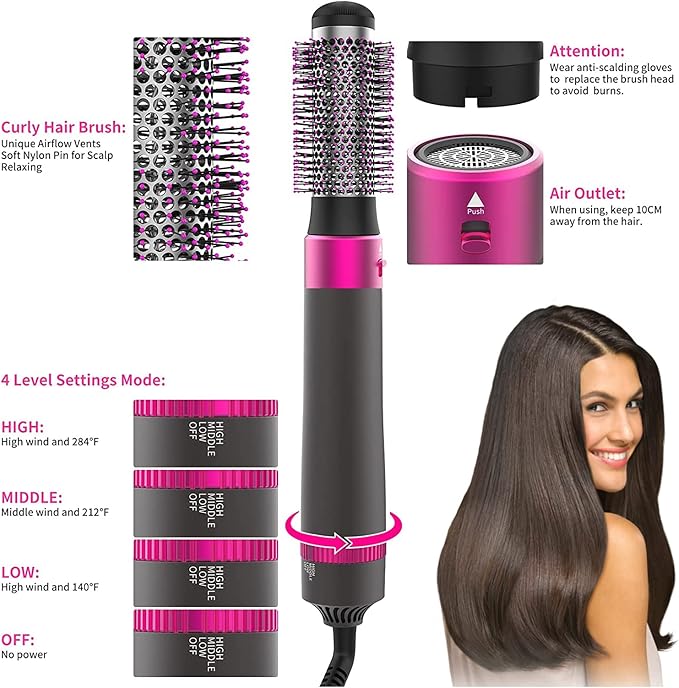 ZYLER 5-in-1 Multi-Styling Hair Styler Set - Electric Blow Dryer, Curler, Straightener, Interchangeable Brush Heads, Negative Ion Smooth Comb, ABS Housing, Suitable for All Hair Types
