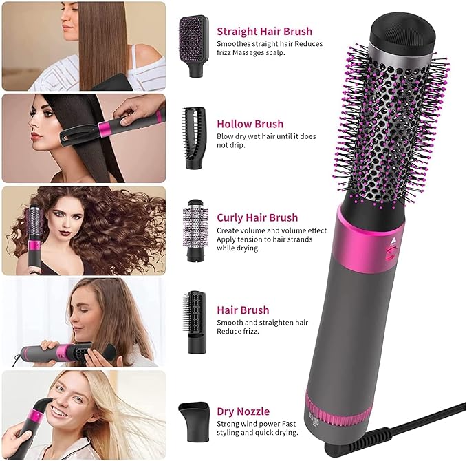 ZYLER 5-in-1 Multi-Styling Hair Styler Set - Electric Blow Dryer, Curler, Straightener, Interchangeable Brush Heads, Negative Ion Smooth Comb, ABS Housing, Suitable for All Hair Types